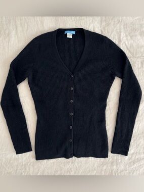 White + Warren 100% Cashmere Ribbed V-Neck Cardigan Women’s Small Black